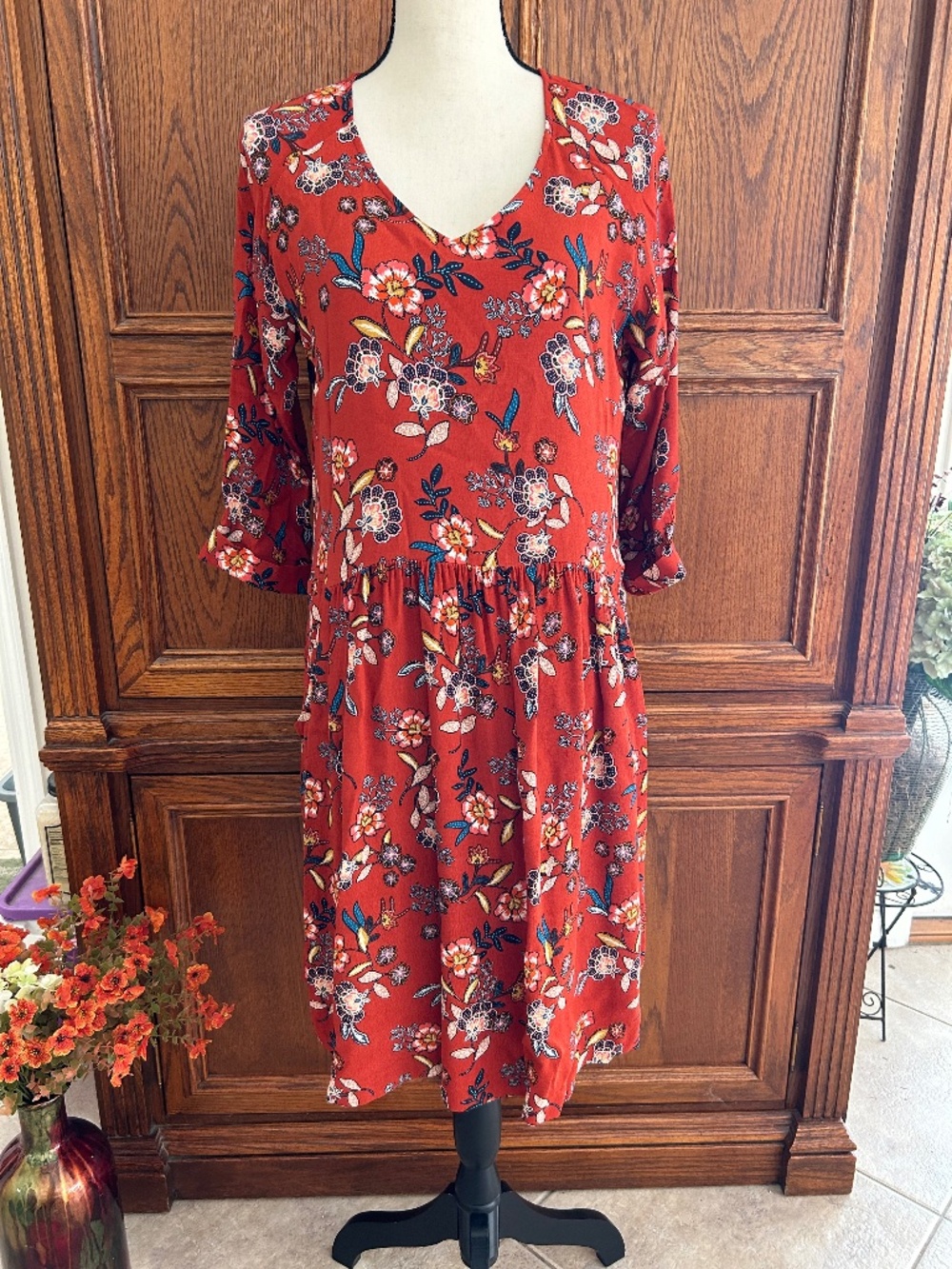 Garnet Hill Voile Floral Shift MIDI Dress w/pockets, brick/burnt orange Size 8